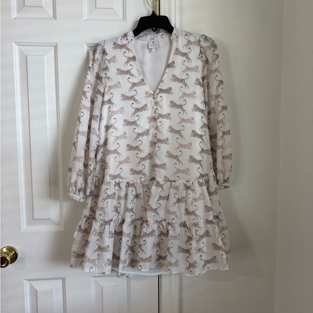 Tiered V-Neck Mini Dress in Cream Leopard Print